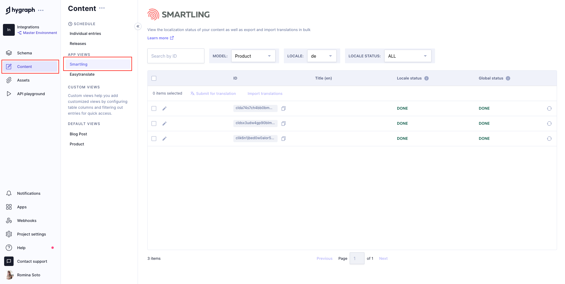 Smartling section in App view